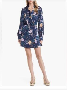 Lost + Wander Eva Floral Botanical Wrap Blue Mini Dress Size XS Party Colorful